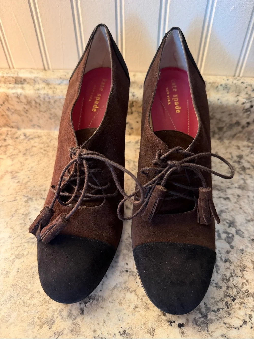kate spade Brown and Black Suede Lace-Up Heels Tassel Laces Fall Cozy Witch